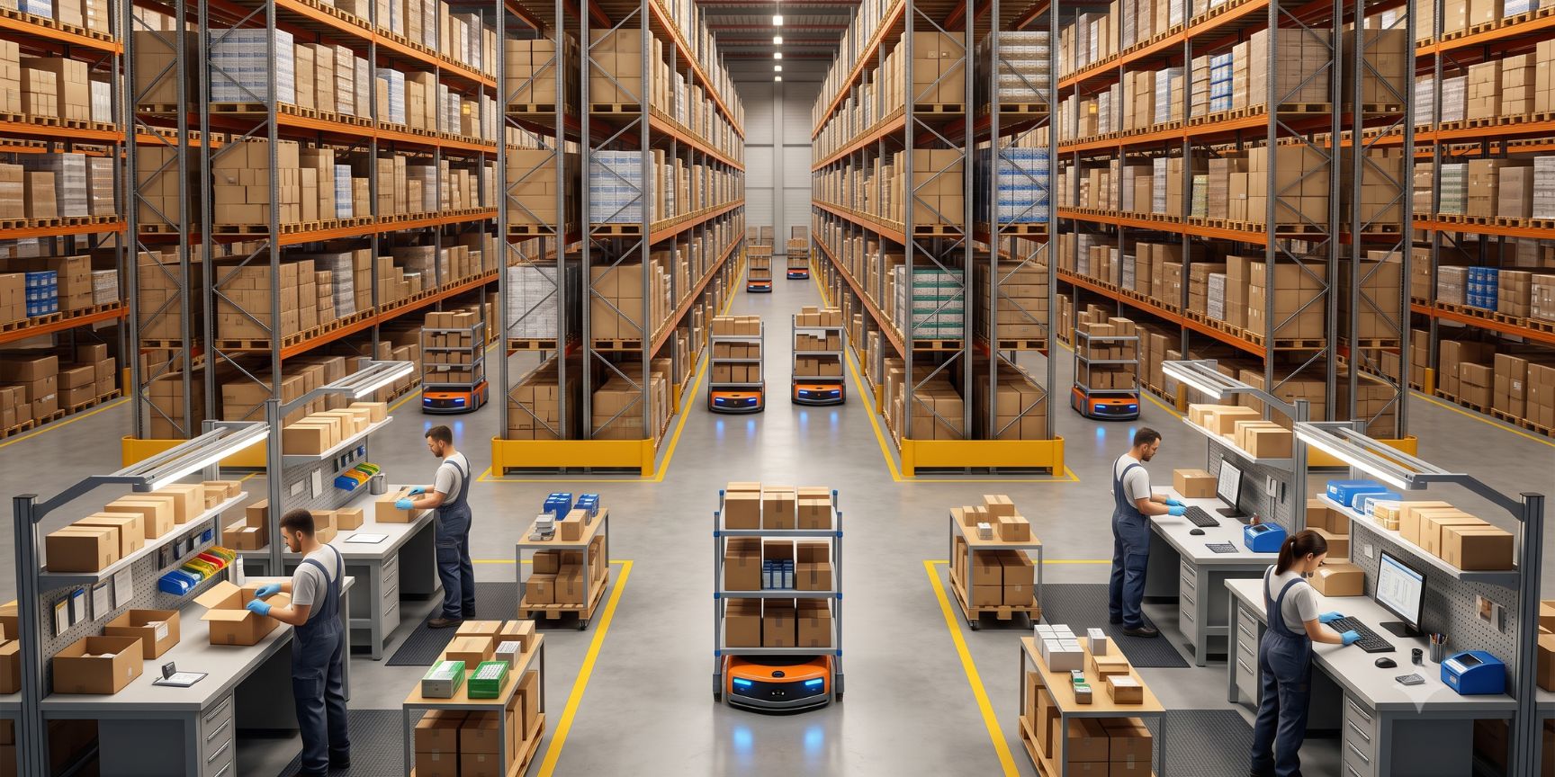 Interior view of dry warehouse for contract logistics, employees at Value Added Services (VAS), high-bay warehouse with autonomous robots (AMR) in action, modern intralogistics.
